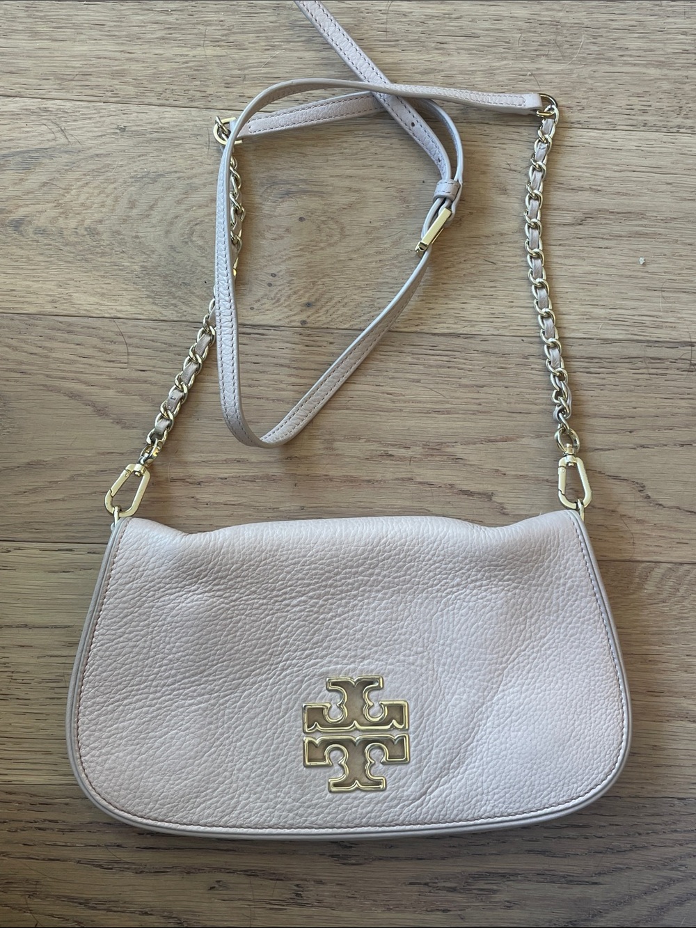 Tory Burch Blush Pebbled Leather Flap Crossbody Gold Logo Large Bag